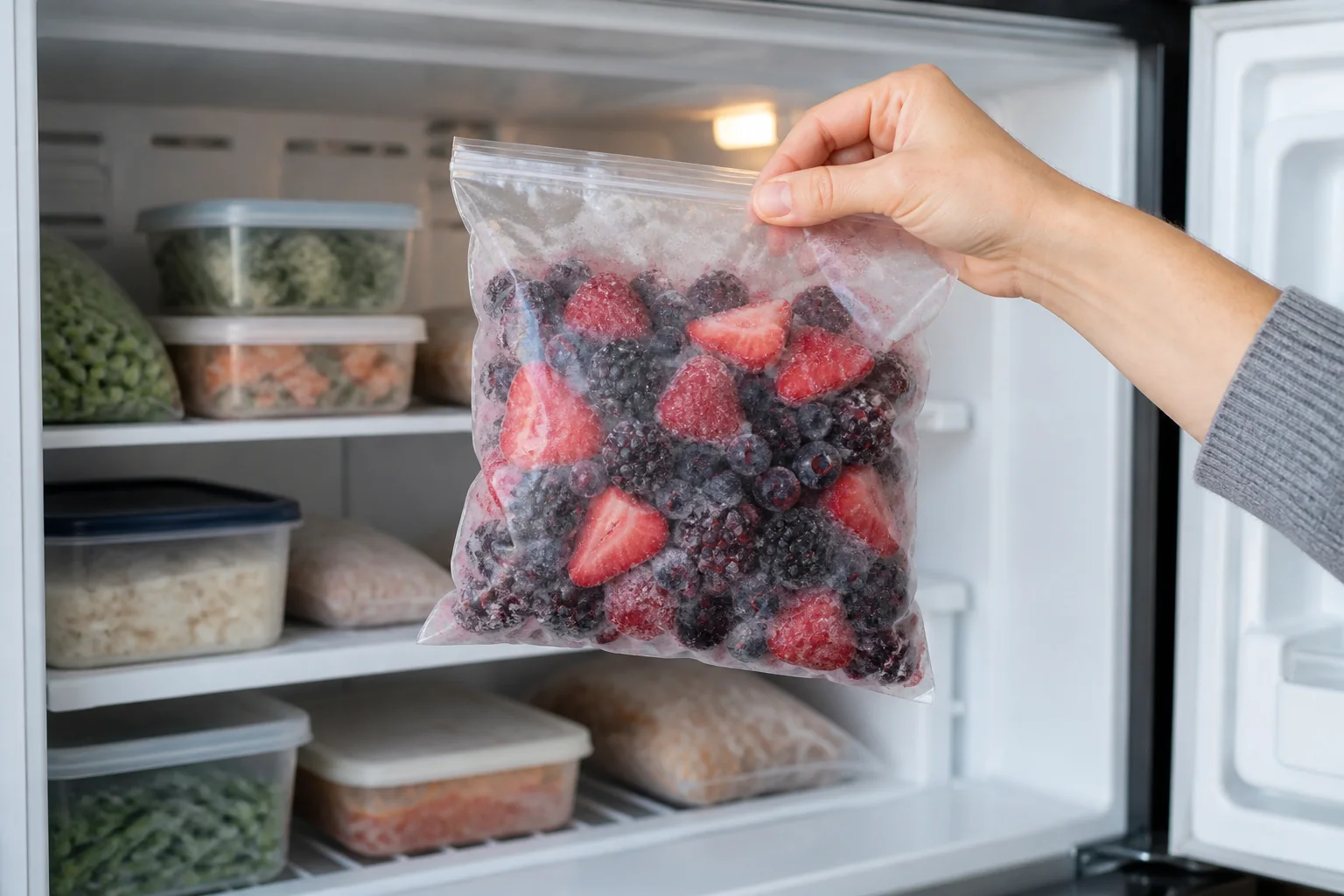 Open household freezer with a sealed bag of frozen mixed berries held at the front for a recall check.