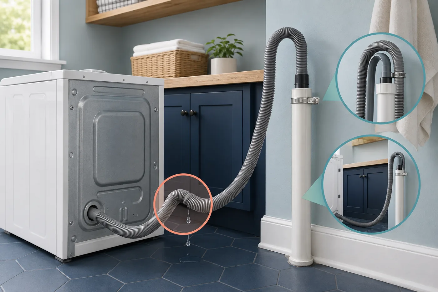 Washing machine drain hose showing a low kink and a correctly raised hose path