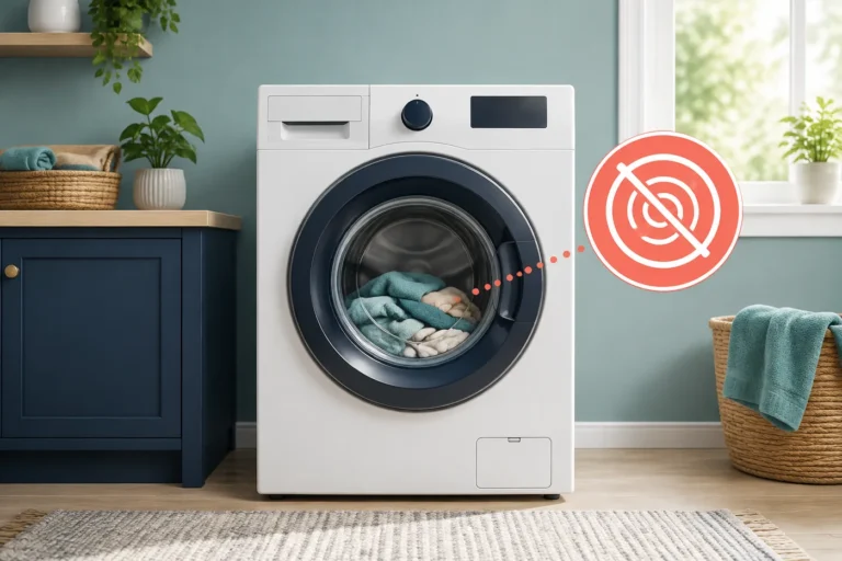 Front-loading washing machine stopped with wet laundry in the drum