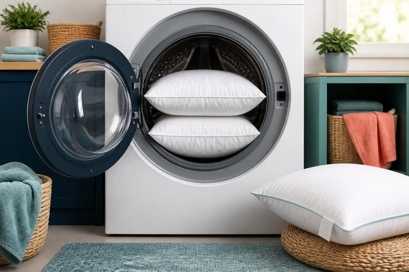 Two washable pillows balanced inside a front-loading washing machine