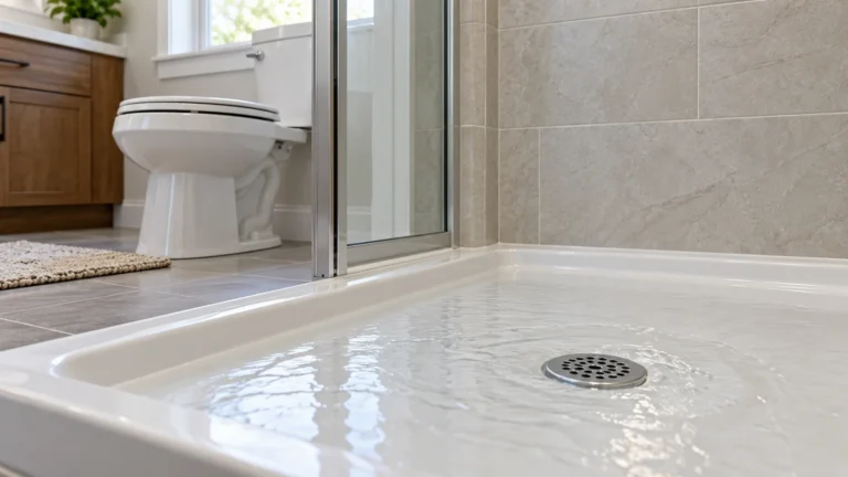 Shower drain with water beginning to rise beside a nearby toilet, illustrating a shared drainage warning.