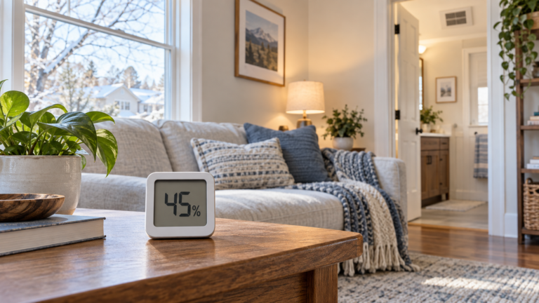 Digital hygrometer reading 45 percent on a living-room table beside a dry winter window.