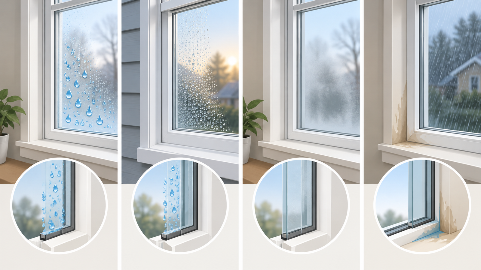 Diagram showing room-side window condensation, exterior dew, fog between double panes, and damp window trim after rain.