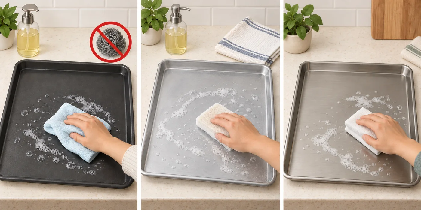 Three illustrative baking sheets being wiped with soft cloths; a crossed-out steel-wool symbol appears beside the dark coated sheet.