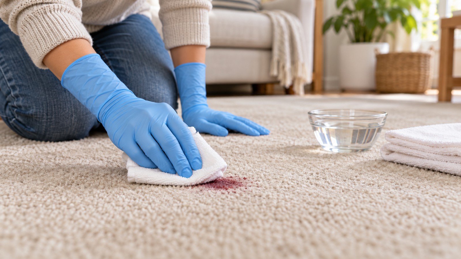 Adult wearing blue protective gloves presses a folded white cloth onto a small red spot on a pale carpet.