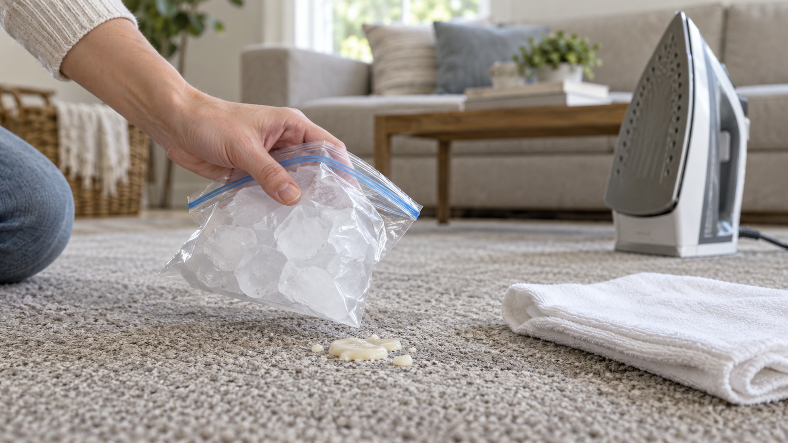 Hand holding a sealed bag of ice above a small hardened candle-wax spill on neutral carpet, with a white cloth nearby