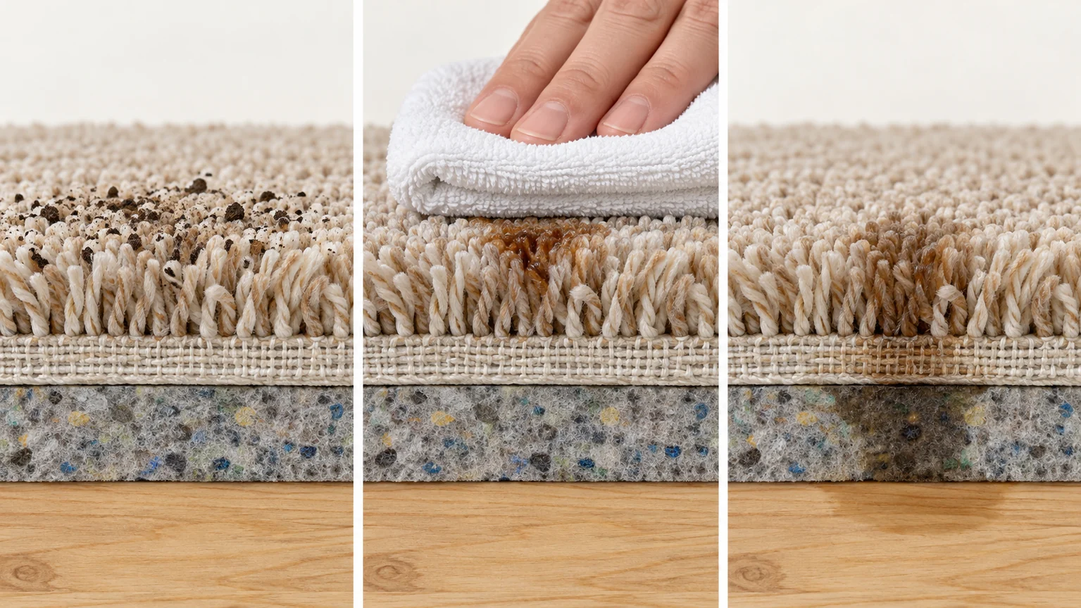 Three-panel carpet cross-section showing dry soil in the pile, a small surface spot being blotted, and moisture that has reached the pad.