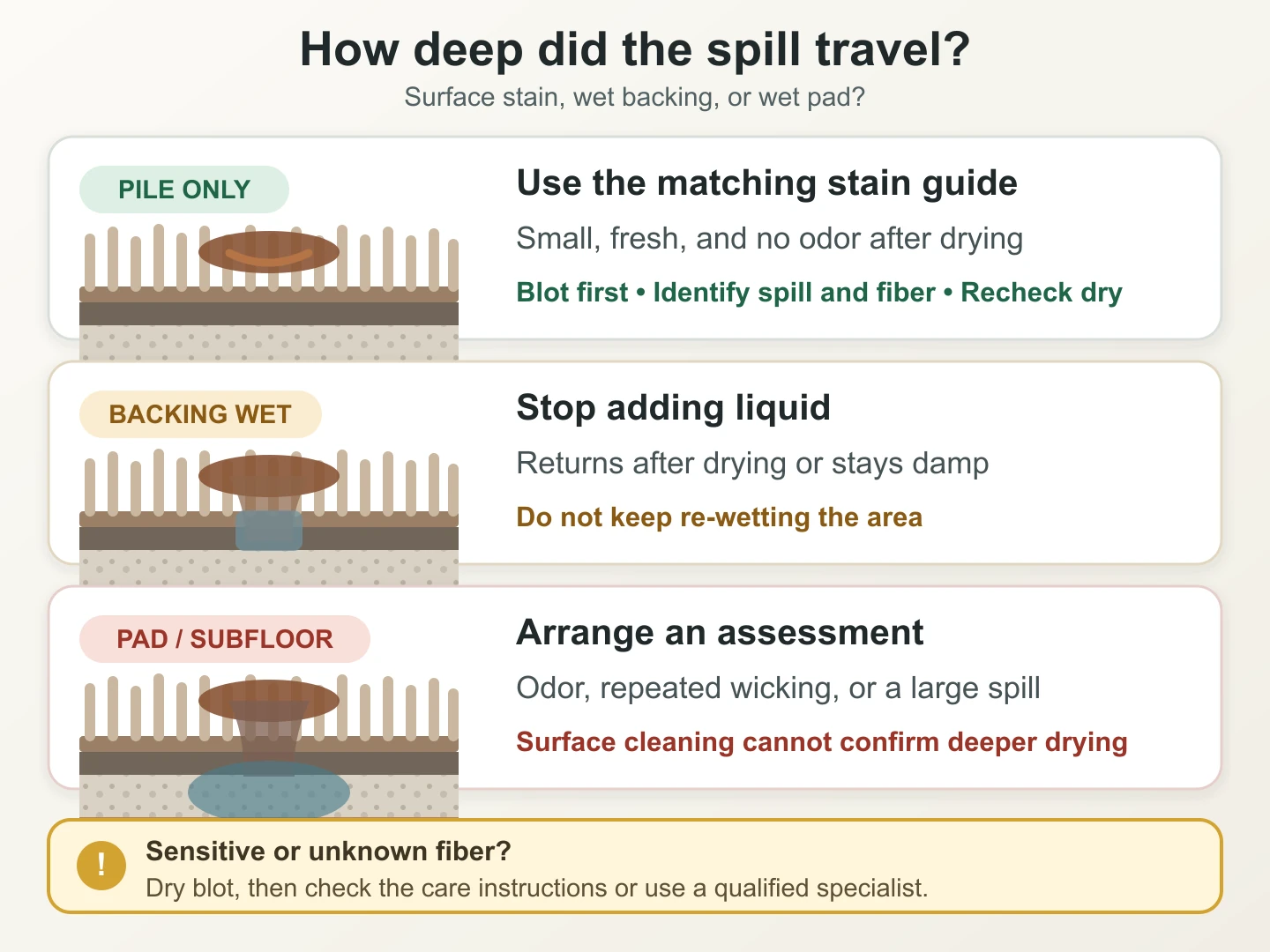 Carpet cross-section comparing a pile-only stain with moisture in the backing and pad