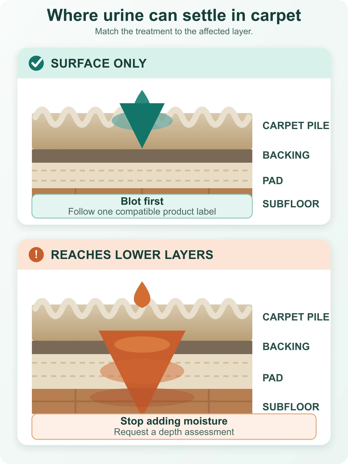 Cross-section showing carpet pile, backing, pad, and subfloor with shallow and deep urine paths.