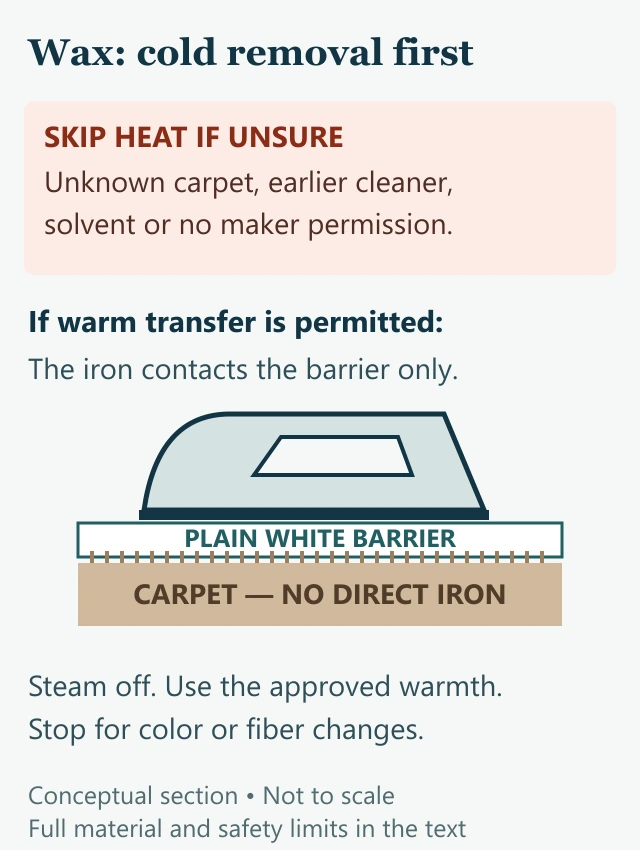 Conceptual section showing an iron sole above a plain white barrier that separates it from the carpet, with heat restricted to maker-approved conditions before any cleaner.