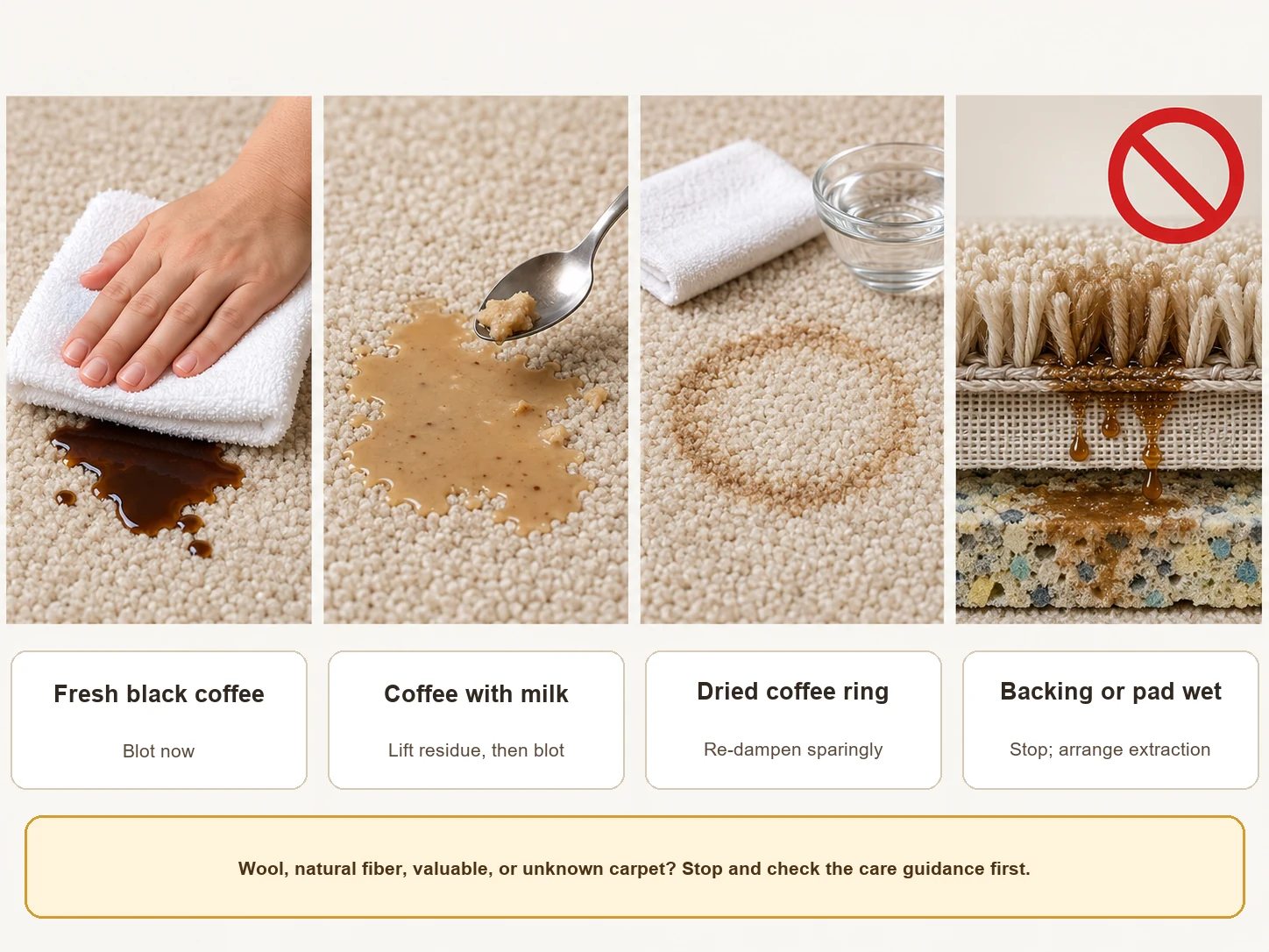 Four coffee-stain conditions on carpet: fresh black coffee, milky coffee, dried ring, and soaked backing