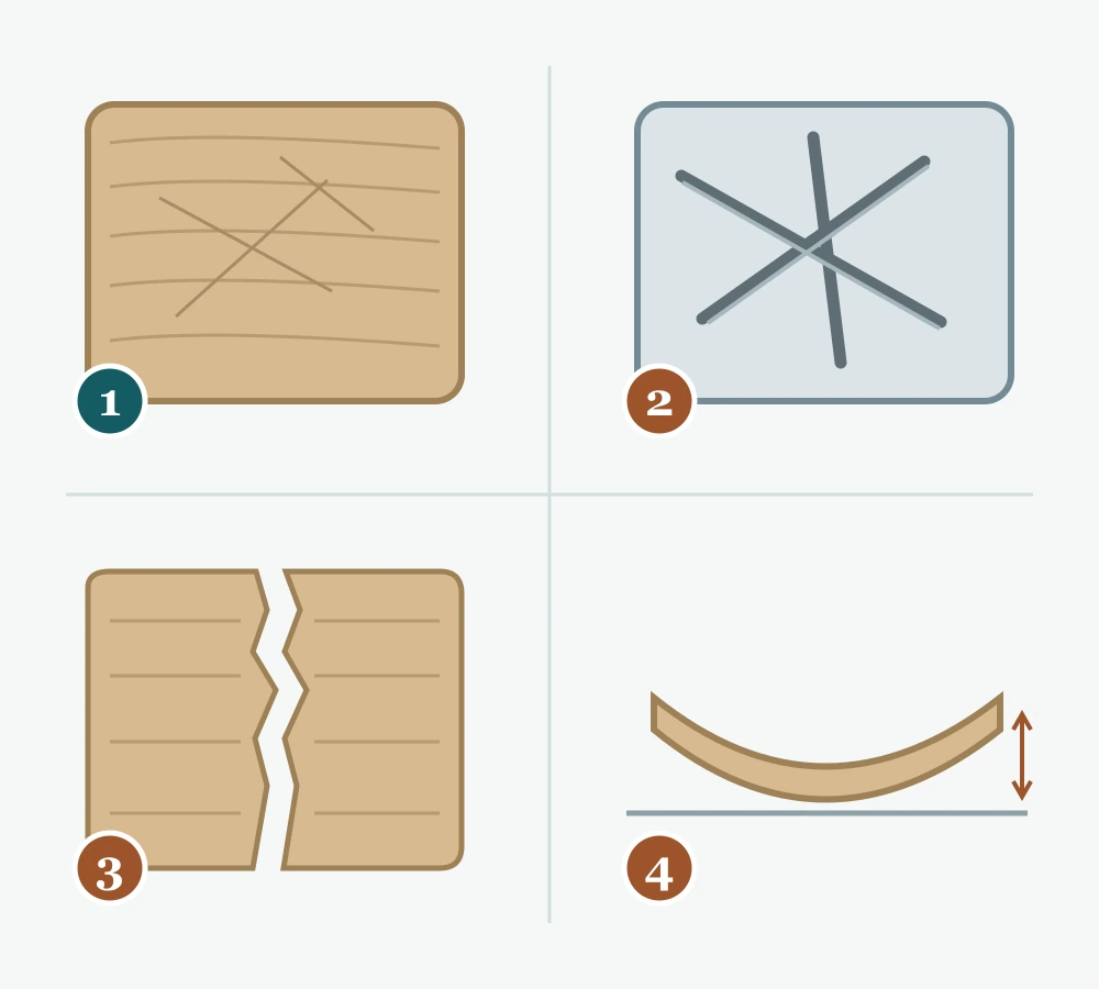 Four cutting-board schematics: shallow surface marks, deep intersecting grooves, a split seam and a warped board shown from the side.