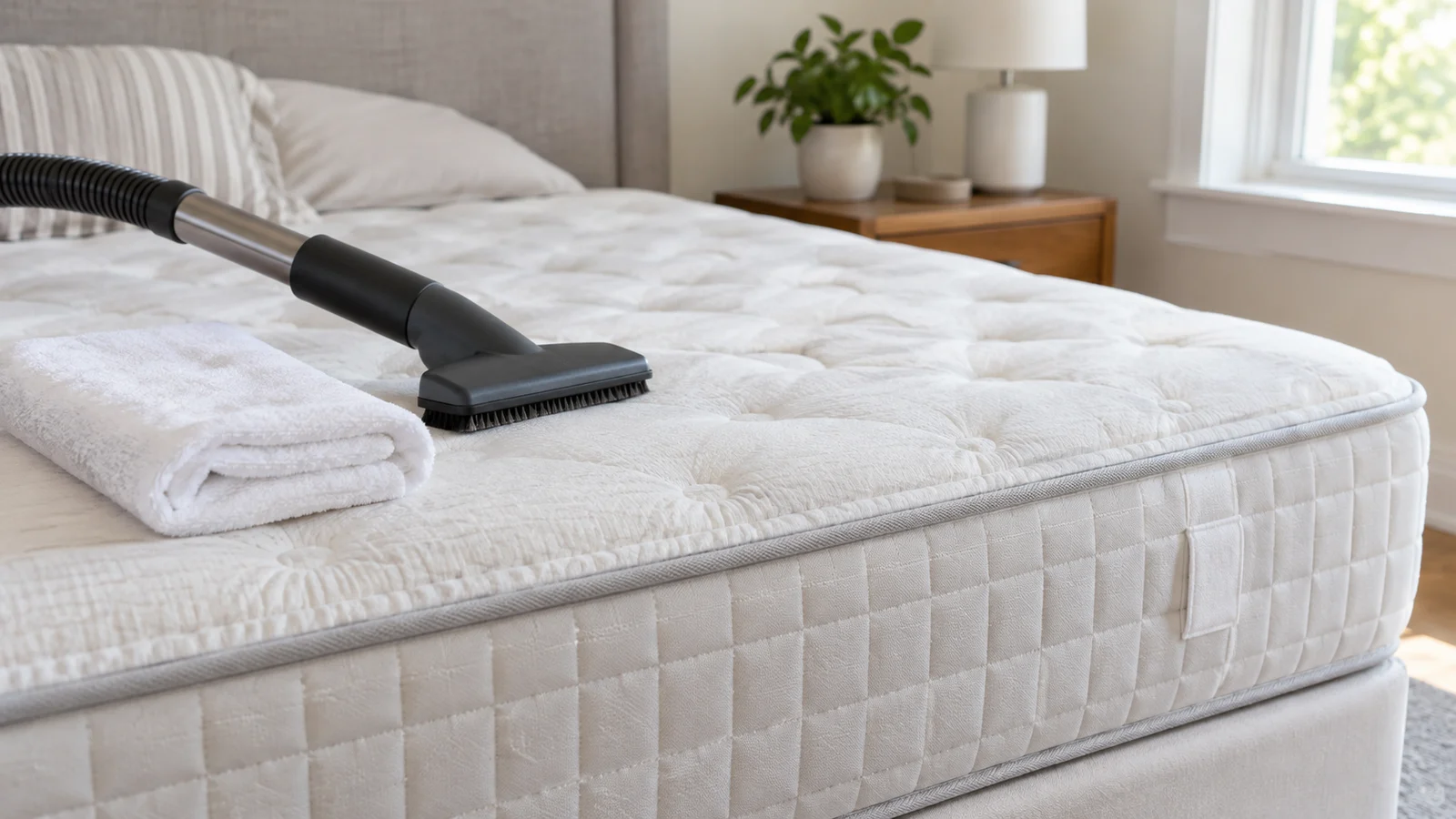 Bare mattress with a care tag, upholstery vacuum attachment, and folded white blotting towel ready for cleaning