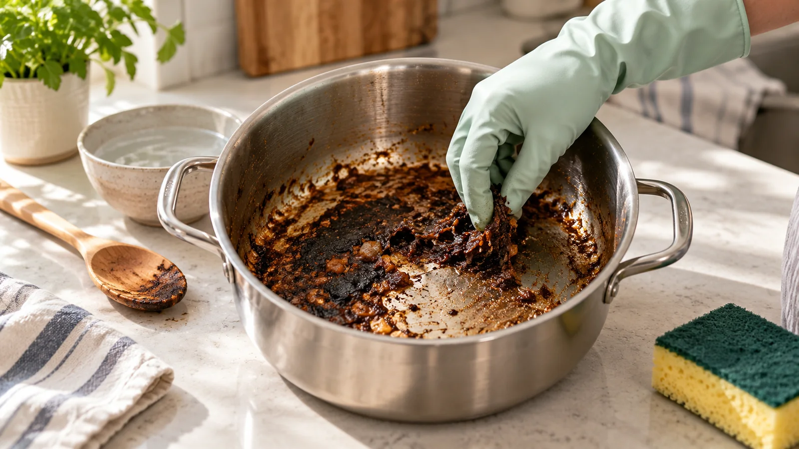 Gloved hand loosening burnt food from a stainless-steel pot with a nonabrasive sponge nearby.
