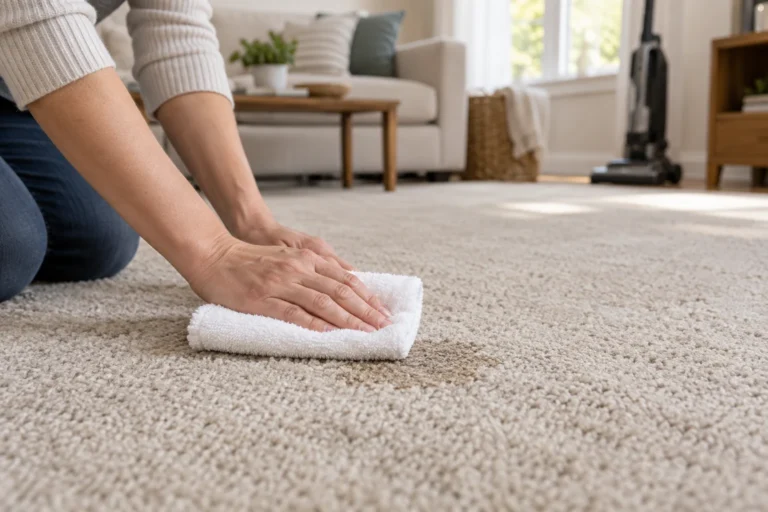 Person pressing a folded white towel onto a small spot on neutral carpet