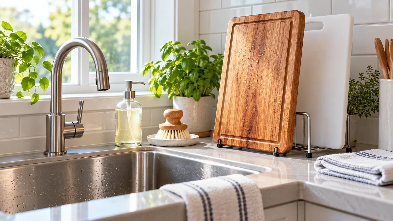 Wood and plastic cutting boards standing upright to air-dry beside a clean sink and dish brush.