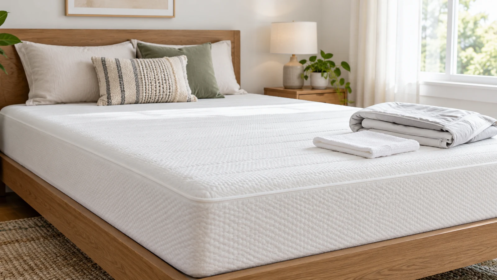 Bare memory-foam mattress with a folded removable cover and dry white cloth nearby.