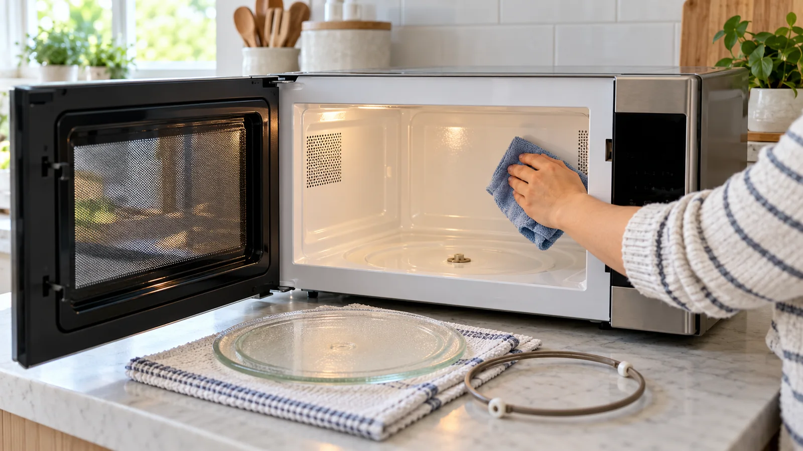 Open microwave being wiped with a barely damp cloth, with the glass turntable and support ring removed onto a dry towel.