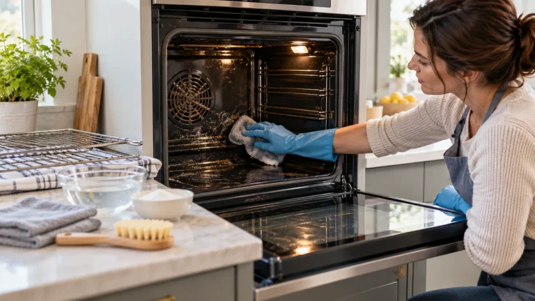 Cool open oven with racks removed while a gloved hand wipes the enamel cavity using a nonabrasive cloth.