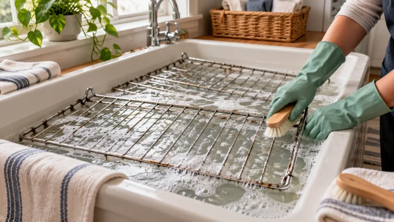 Chrome oven racks soaking in warm soapy water while gloved hands clean a corner with a soft brush.
