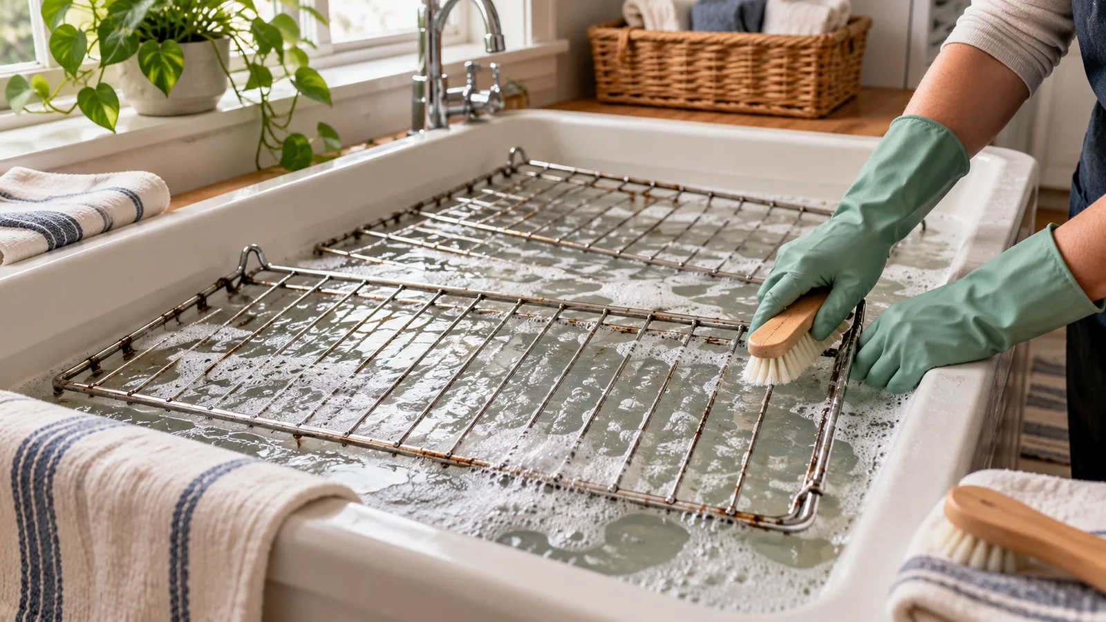 Chrome oven racks soaking in warm soapy water while gloved hands clean a corner with a soft brush.