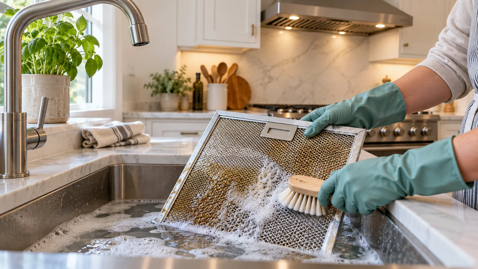 Gloved hands washing a metal range-hood grease filter with warm soapy water and a soft brush.