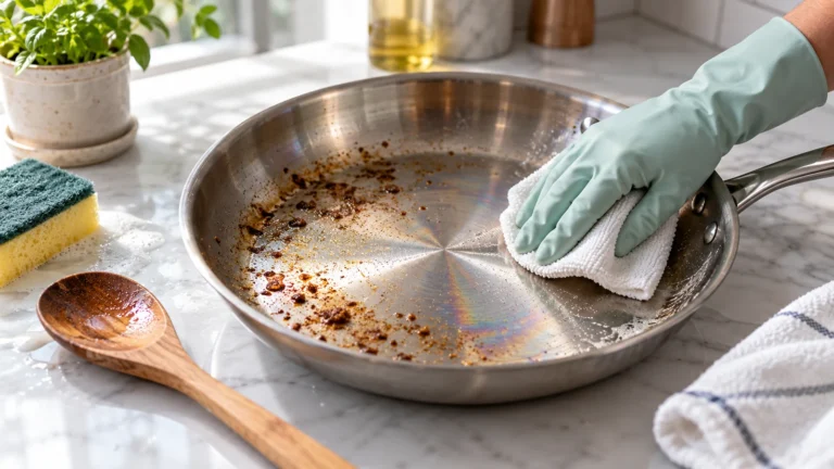 Gloved hand wiping a stainless-steel skillet showing small food residue and faint rainbow heat tint, with a wooden spoon nearby.