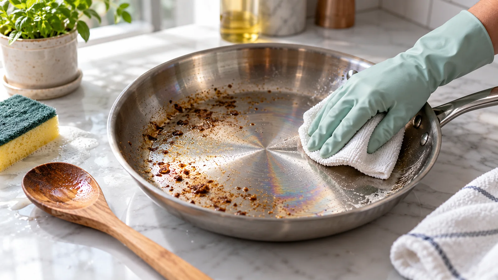 Gloved hand wiping a stainless-steel skillet showing small food residue and faint rainbow heat tint, with a wooden spoon nearby.