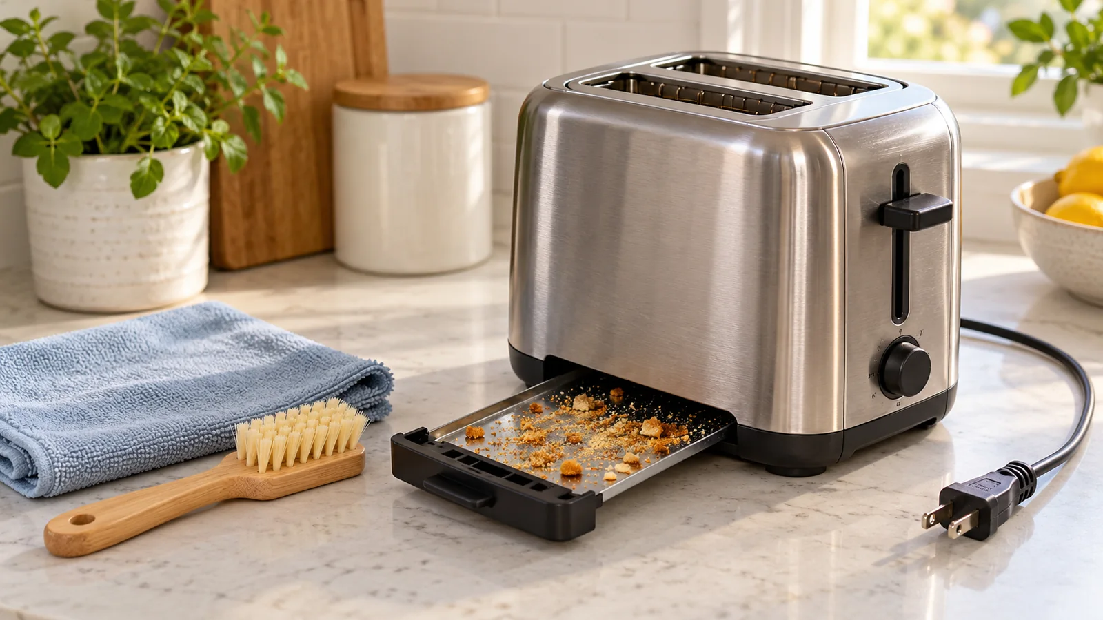Unplugged stainless toaster with its crumb tray removed beside a dry brush and microfiber cloth.