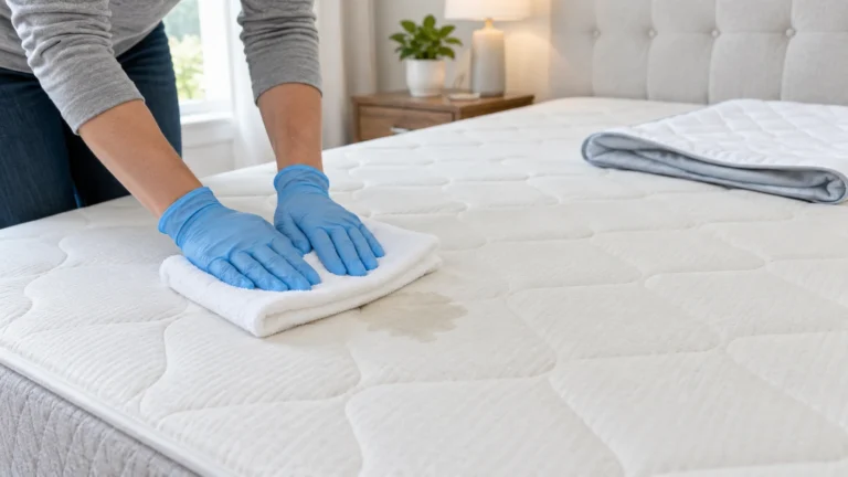 Gloved hands blotting a small wet area on a bare mattress with folded white towels after the bedding was removed.