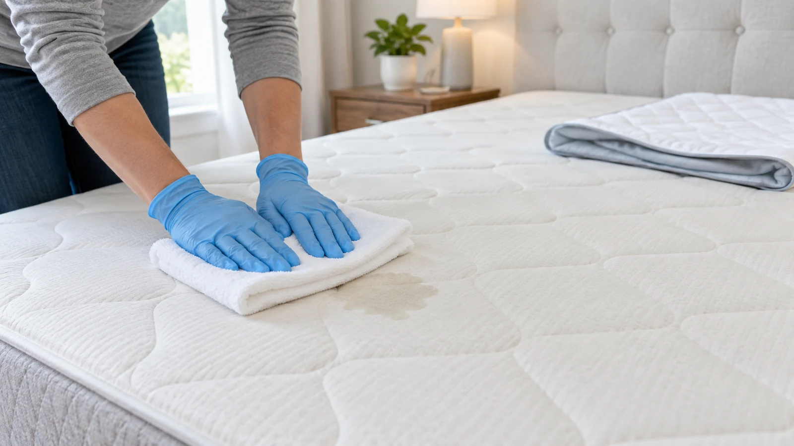 Gloved hands blotting a small wet area on a bare mattress with folded white towels after the bedding was removed.