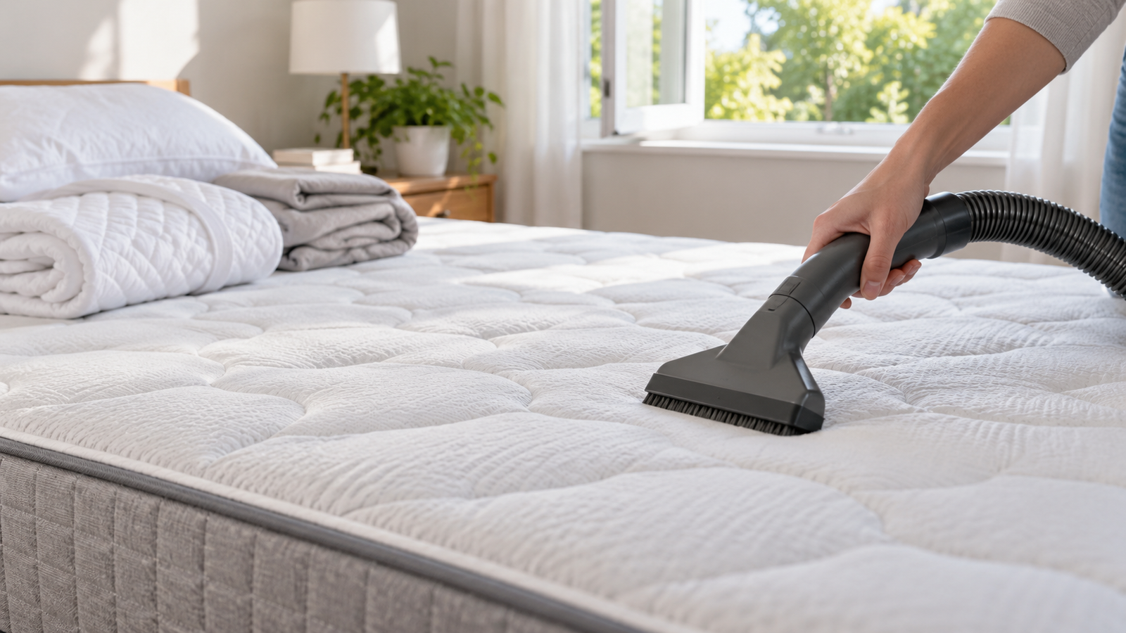 Vacuum upholstery tool moving across a bare mattress in a bright, ventilated bedroom.