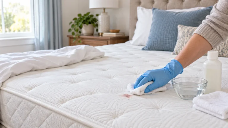 A gloved hand blotting a small blood stain on a white mattress with a clean cloth beside cold water and an unlabeled cleaner.