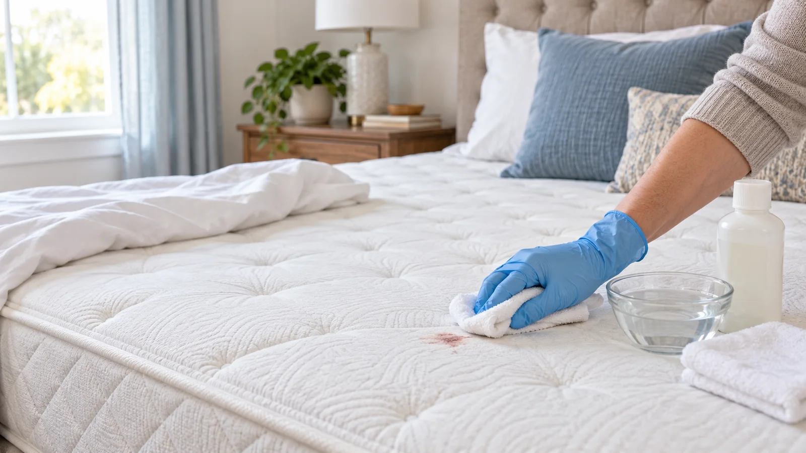 A gloved hand blotting a small blood stain on a white mattress with a clean cloth beside cold water and an unlabeled cleaner.