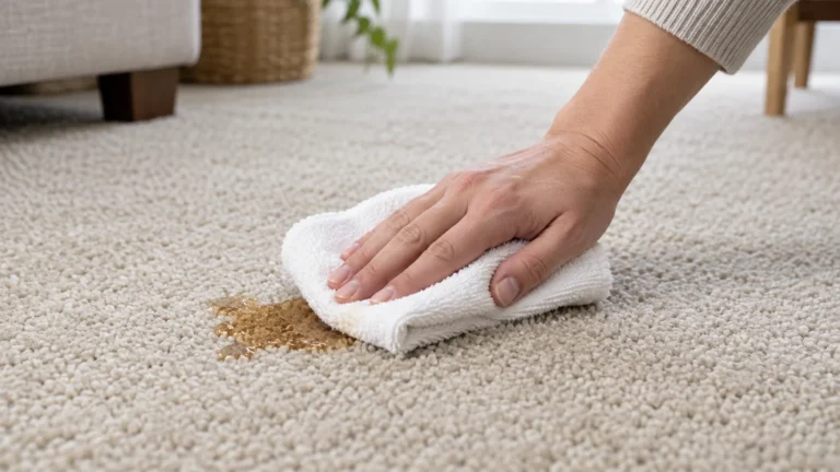 White towel blotting a small stain on neutral carpet