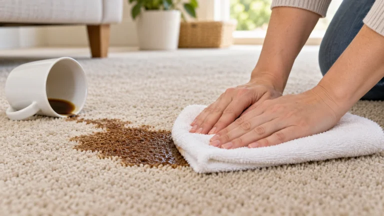 White towel blotting a small coffee spill on neutral carpet