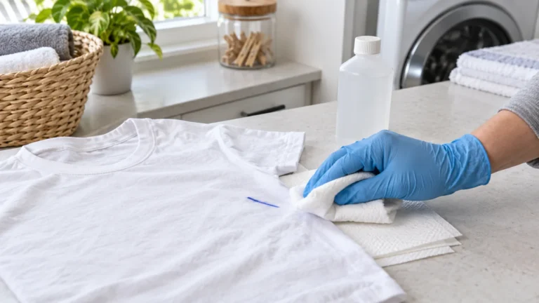 A gloved hand preparing to blot a small blue marker line on a white cotton shirt laid over clean paper towels.
