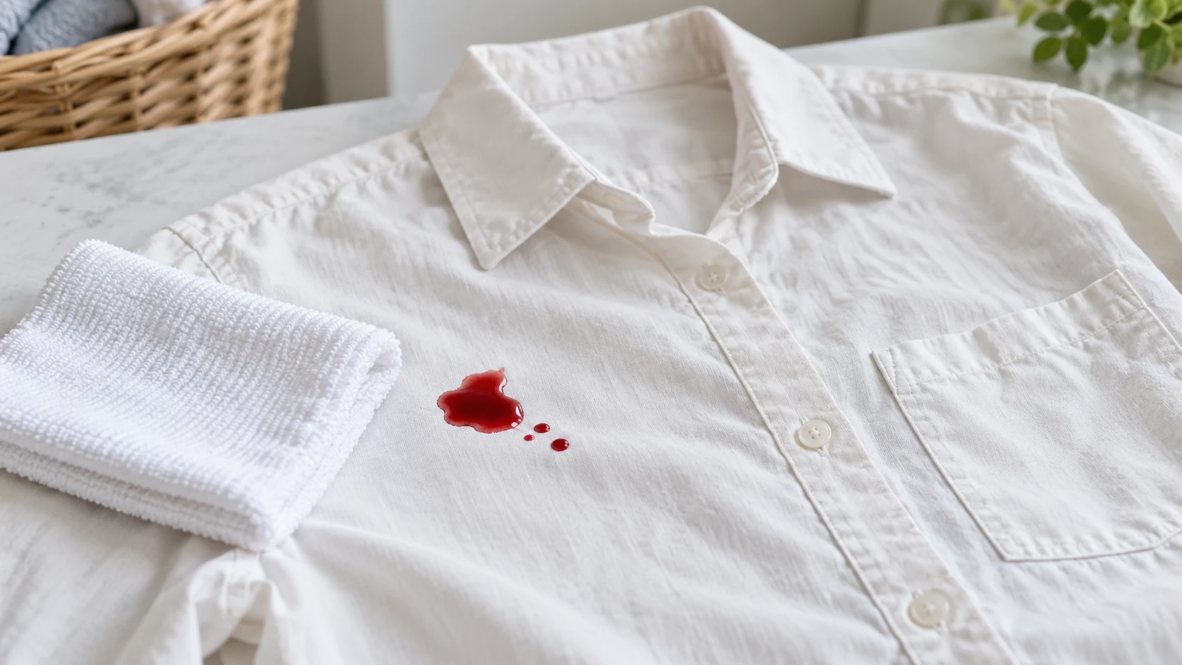 Small red nail polish spill on a light cotton shirt beside a white absorbent cloth