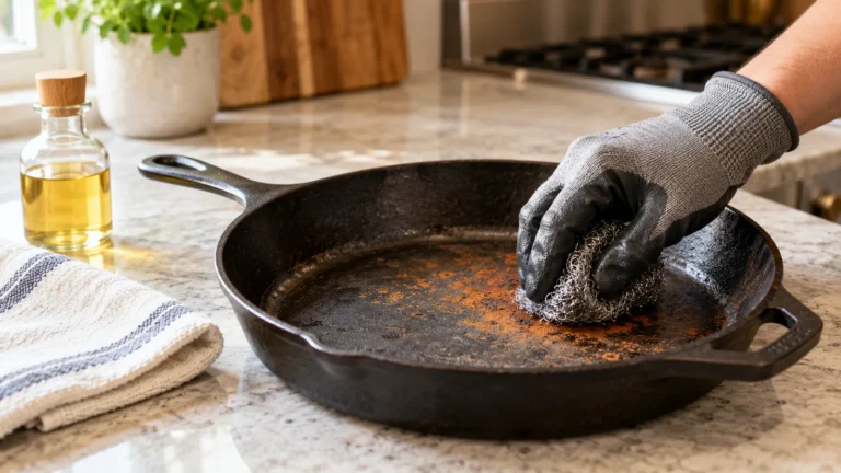 Gloved hand scrubbing surface rust from a bare cast-iron skillet beside a towel and cooking oil.