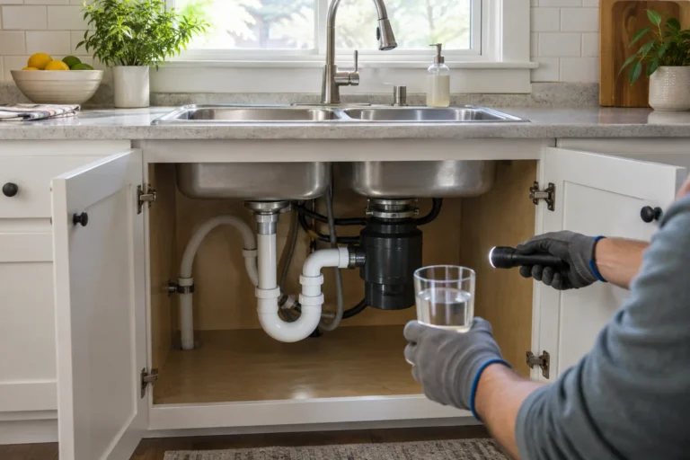 Open kitchen-sink cabinet showing a P-trap, garbage disposal, dishwasher hose, flashlight, and a glass of water used to isolate an odor source.