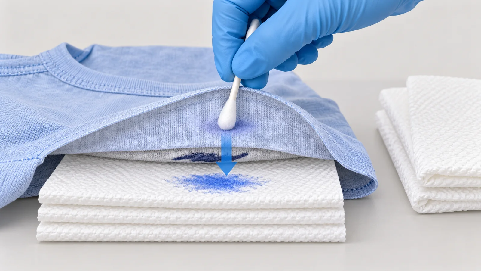 A cross-section diagram showing marker-stained fabric face-down on white towels while treatment is applied from the back so ink transfers downward.