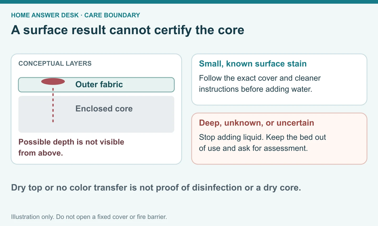 Conceptual outer mattress fabric above an enclosed core, distinguishing permitted surface care from deep or uncertain blood contamination.
