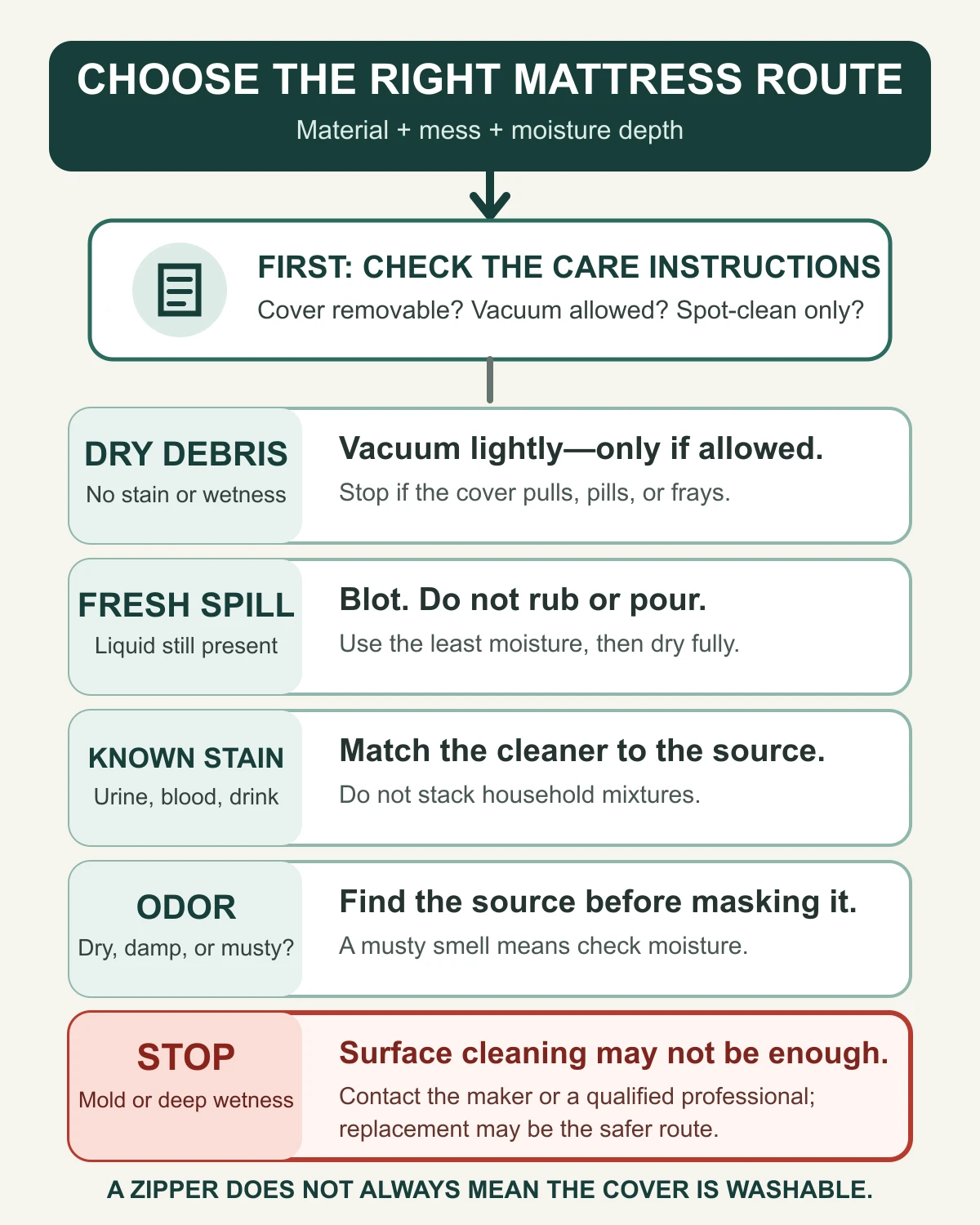 Mattress cleaning decision path based on care instructions, the type of mess, and how deeply moisture entered