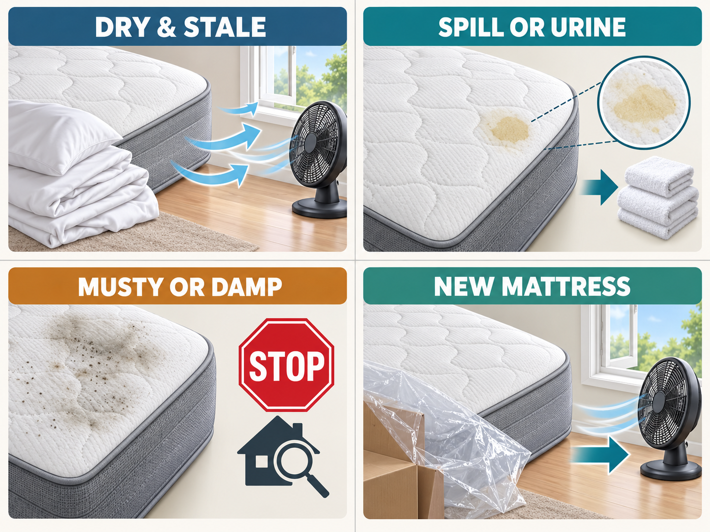 Four-panel mattress odor decision map showing dry and stale, spill or urine, musty or damp, and new mattress conditions.