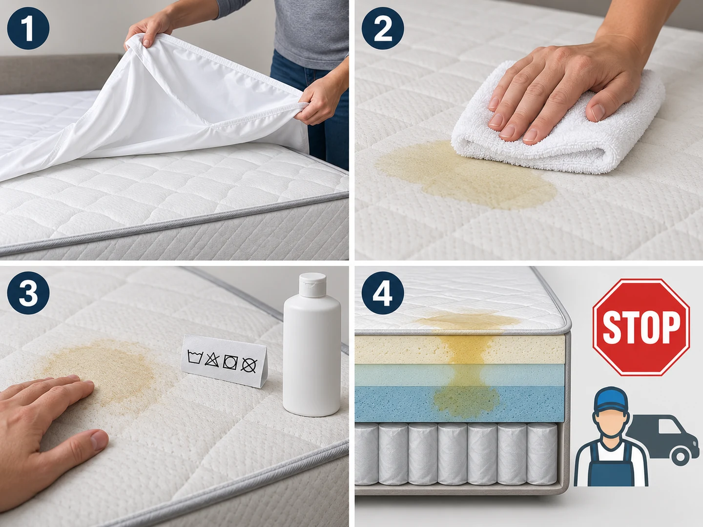 Four mattress urine conditions: protector only, fresh surface wetness, a dried surface mark, and liquid reaching deep foam.