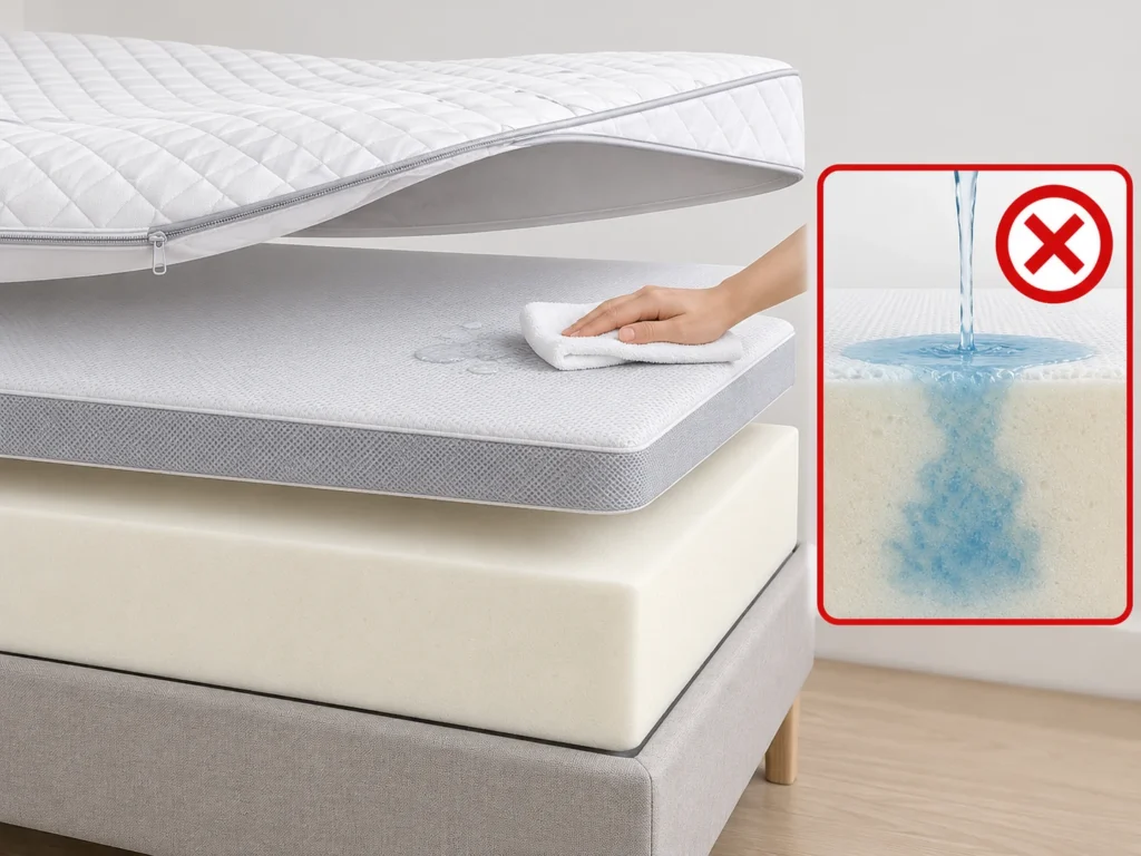 Cross-section showing a removable mattress cover above a foam core, with minimal surface moisture and a stop point for deep saturation.