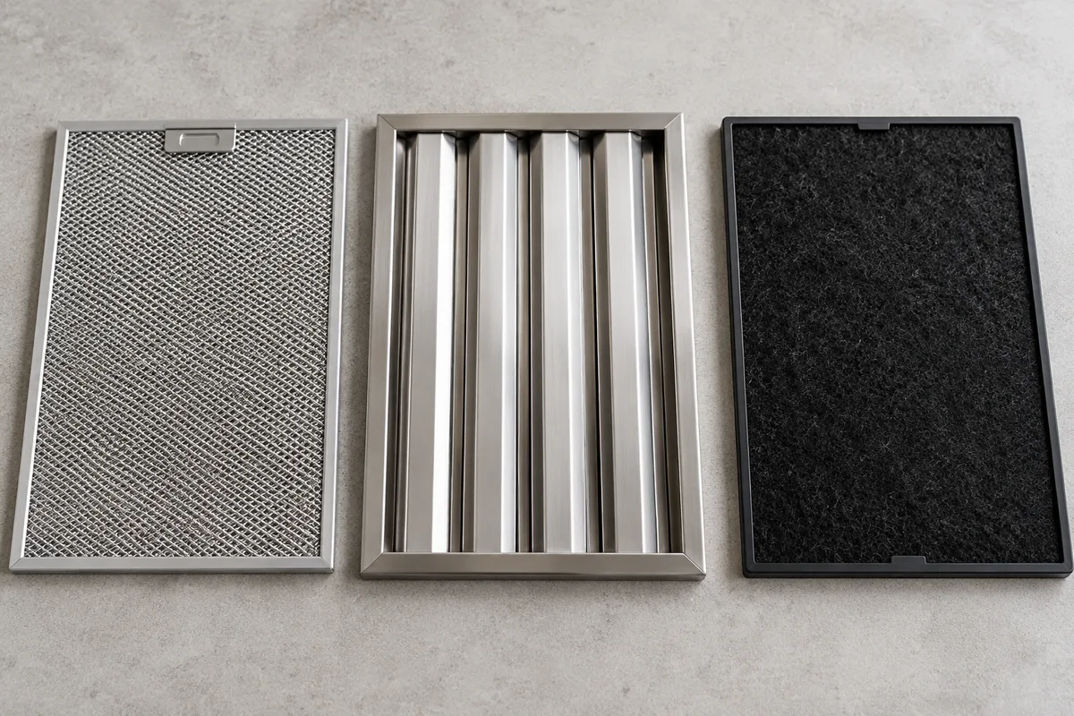 Three illustrative range-hood filters side by side: fine metal mesh, broad stainless baffles, and a black carbon-pad style.