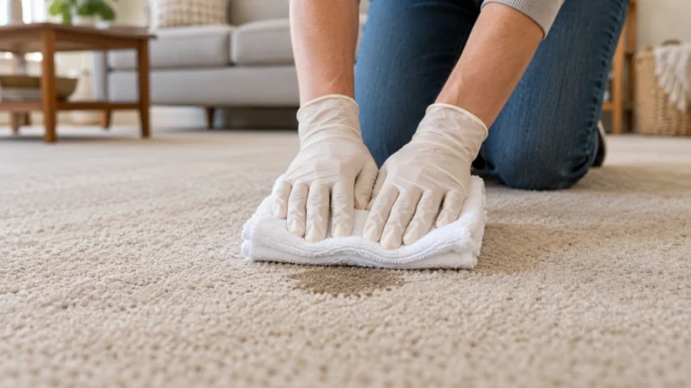 Gloved hands blotting a damp spot in neutral carpet with clean white towels.