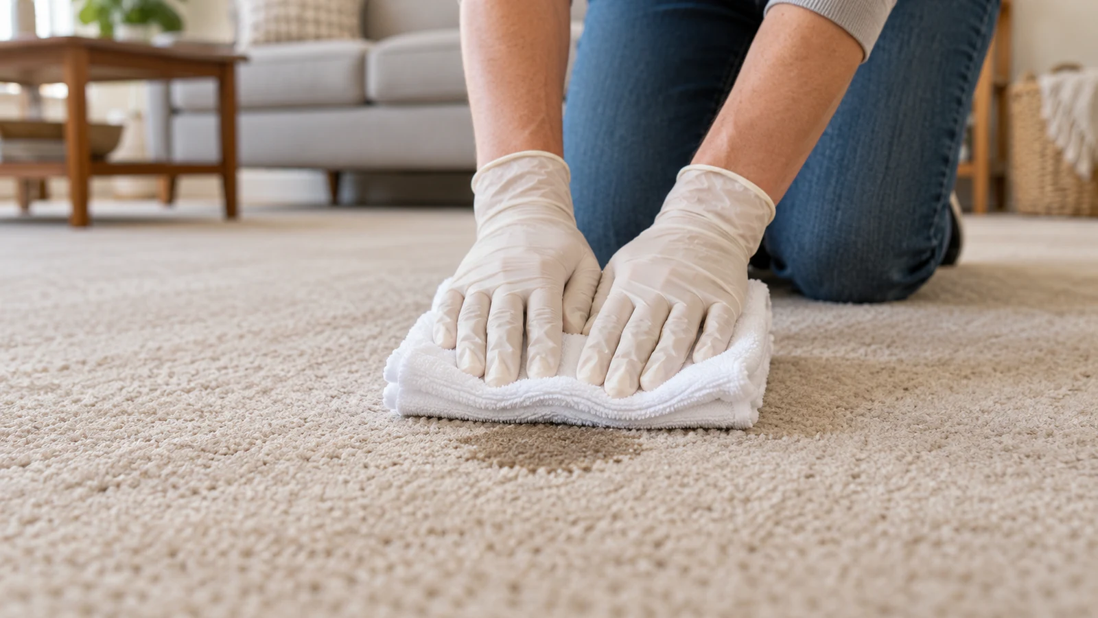 Gloved hands blotting a damp spot in neutral carpet with clean white towels.