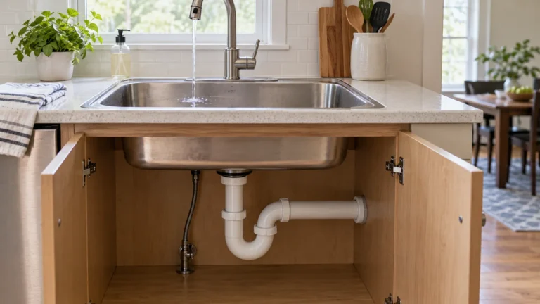 Kitchen sink and visible P-trap illustrating a gurgling drain problem.